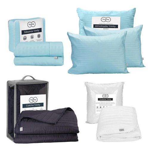 Colcha Acabado ultrasonico Queen Size Trinity Azul Marino+Protector Trinity+ Sabanas Trinity Azul Cielo+ Almohada Trinity 2 RGH