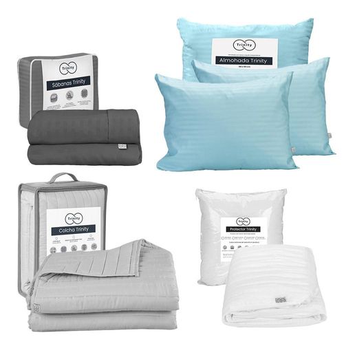 Colcha Acabado ultrasonico Queen Size Trinity Gris+Protector Trinity+ Sabanas Trinity Gris Oscuro+ Almohada Trinity 2 RGH