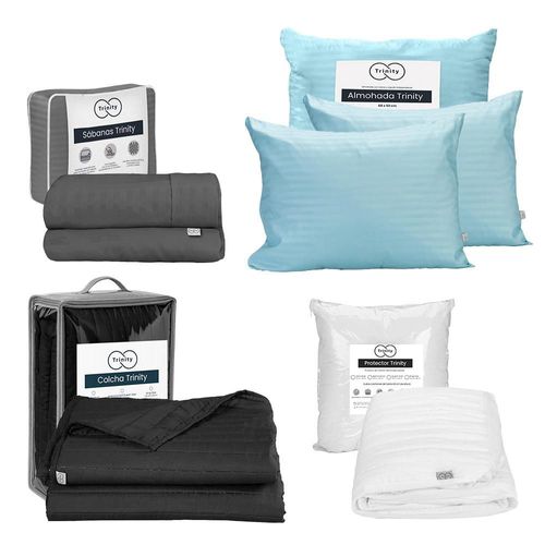 Colcha Acabado ultrasonico Queen Size Trinity Negro+Protector Trinity+ Sabanas Trinity Gris Oscuro+ Almohada Trinity 2 RGH