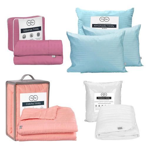 Colcha Acabado ultrasonico Queen Size Trinity Rosa+Protector Trinity+ Sabanas Trinity Rosa+ Almohada Trinity 2 RGH