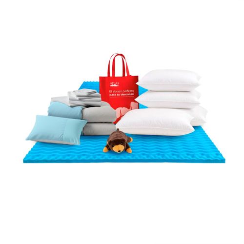 Set de Descanso Premium Atlas Matrimonial: Colchoneta 5 Zonas Matri  + Kit Bed In A Box Azul  + 4 Almohadas + Oso