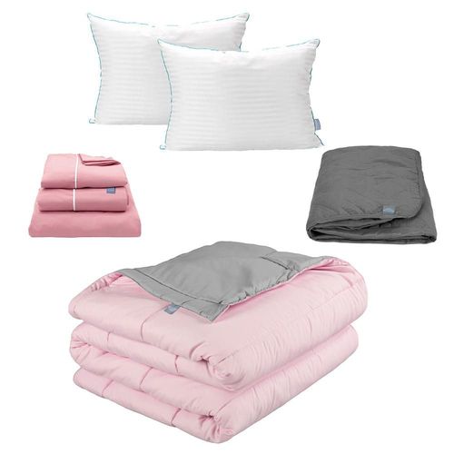 Edredon dos vistas Queen Size Rogga Rosa-Gris+ Protector Rogga+ Sabanas Royal Rosa+ Almohada Royal Twin TRY