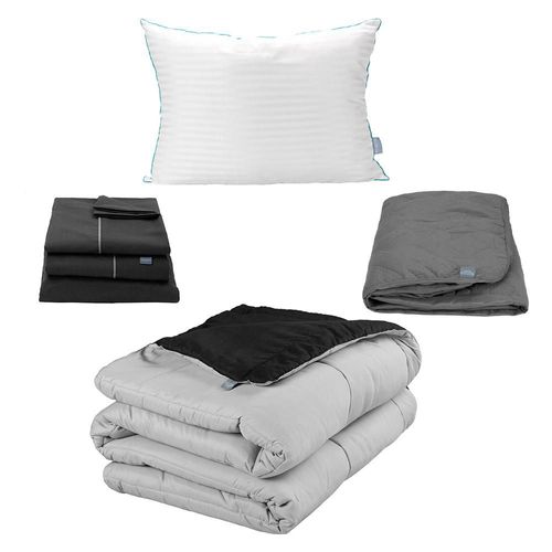 Edredon dos vistas Individual Rogga Negro-Gris+ Protector Rogga+ Sabanas Royal Negro+ Almohada Royal TRY