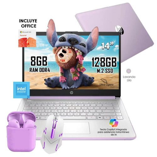 Laptop HP 14-dq6014dx Intel N150 8GB RAM 128GB Lavanda + Office incluido + Mouse + Audífonos inalámbricos Windows 11