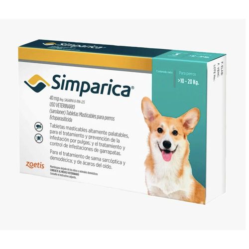 Simparica 40 mg 1 x 1 tab caja con blister con 1 tabs linea antiparasitarioslabo