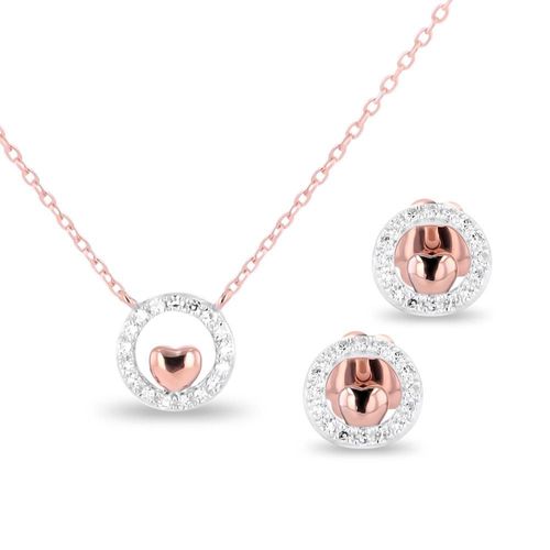 JUEGO DE GARGANTILLA Y BROQUELES DE CORAZON ORO ROSA 14K CON 12PTS DE DIAMANTE