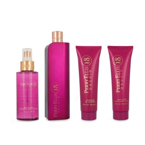 Z4 SET PERRY ELLIS 18 ORCHID 4PZS 100ML EDP SPRAY/ BODY LOTION 90ML/ SHOWER GEL 90ML/ BODY MIST 118ML SPRAY