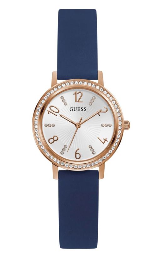 Reloj GUESS para mujer correa azul de 32 mm esfera blanca y caja de oro rosa
