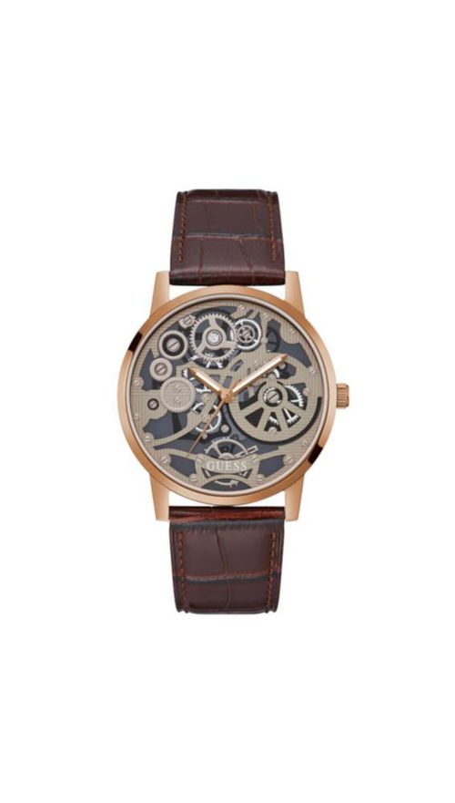 Reloj GUESS para hombre caja de 42 mm esfera tipo esqueleto piel marrón