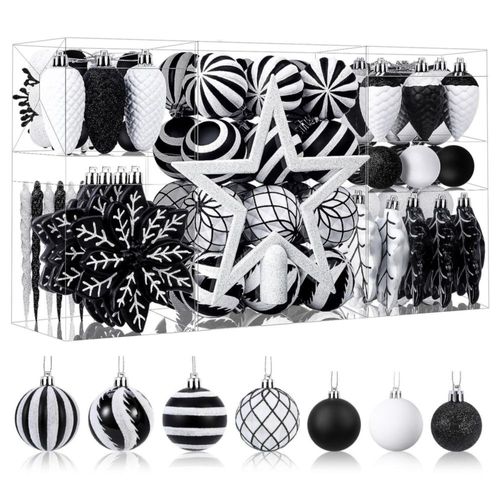 Set de adornos de bolas navideñas ShareConn 106 piezas en blanco y negro