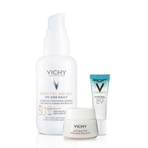 Vichy Kit UV Age Daily SPF 50+(40 ml) + Collagen Specialist (15 ml) + Mineral 89 (5 ml) Rutina Antiedad y Reafirmante