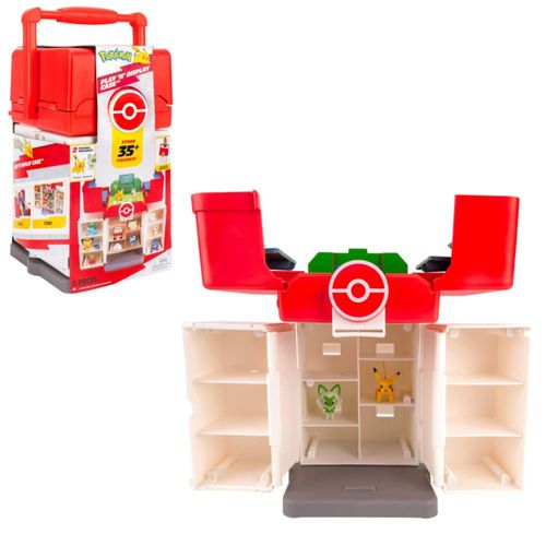 Vitrina Pokémon Play 'N' de Jazwares: unidad de almacenamiento de varios niveles con arena en la azotea y espacio para más de 35 figuras de batalla de