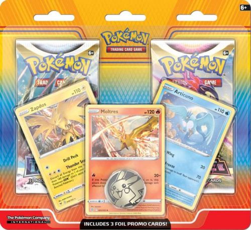 Cartas de Articuno, Zapdos y Moltres de Pokémon TCG con 2 sobres de refuerzo y una moneda