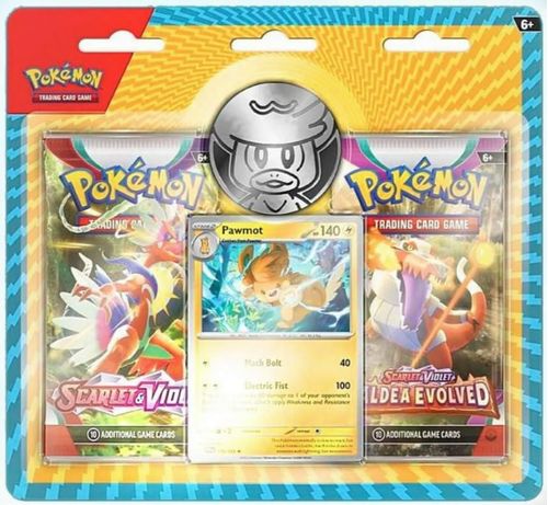 Juego de cartas coleccionables Pokémon TCG: 2 paquetes de refuerzo: Escarlata y Violeta, y Paldea evolucionado con carta promocional y moneda de Pawmo