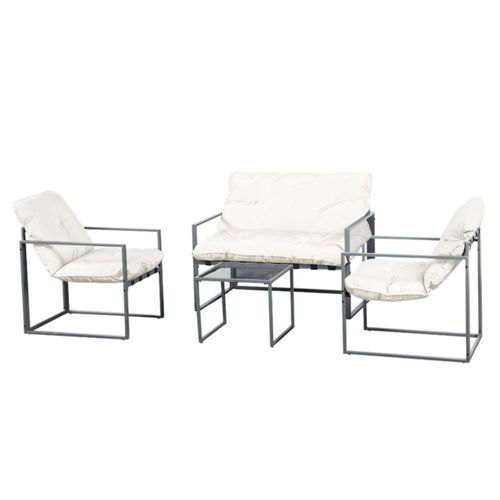 Ilios Innova | Sala de Jardín 4 Piezas con Estructura Metálica, Cojines Cómodos y Mesa de Centro con Vidrio Templado – Diseño Moderno para Exteriores