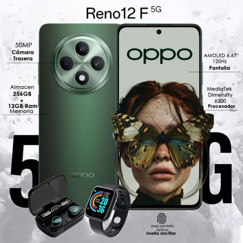 Combo OPPO Reno 12 F 5G 12GB RAM 256GB Dual sim Verde AMOLED 120 Hz con Audífono Bluetooth y Smartwatch