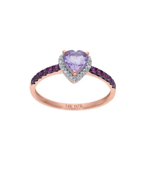 ANILLO DE ORO ROSA 14K CON 5PTS DE DIAMANTE, ZAFIRO ROSA Y AMATISTA