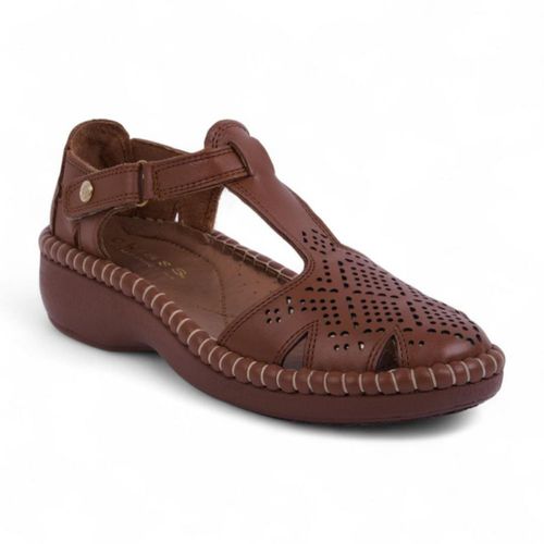 Sandalia De Plataforma Miel En Piel Con Diseño Láser Y Hebilla 152-09