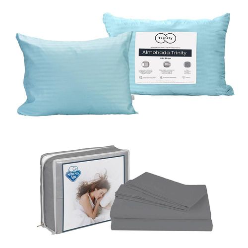 Sabanas Basic Spring Air Queen Size Azul+ Almohada Trinity 2 TRY