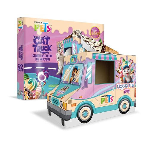 Rascador para Gato con Diseño de Camión de Helados 2 Entradas, Estimula el Juego y el Instinto de Caza Incluye Catnip 58x34.5x43 cm