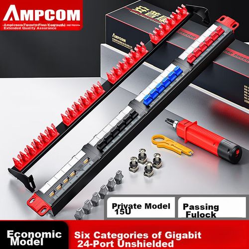 Panel de Conexiones AMPCOM 24 Puertos Categoría 6 Rack 1U Negro