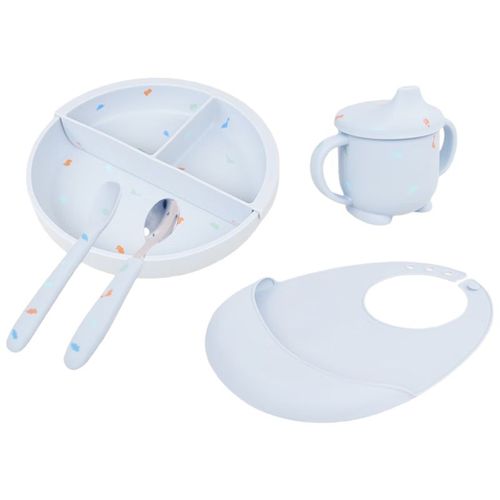 Set De Alimentación Qwe Platinum Silicona Diseño Dinosaurios Azul Para Niño