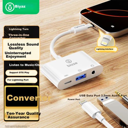 Adaptador BIAZE OTG Lightning a USB y Jack 3.5 mm Negro
