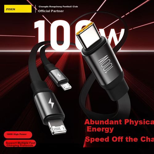 Cable Pisen 3 en 1 USB A a USB C y Lightning Negro