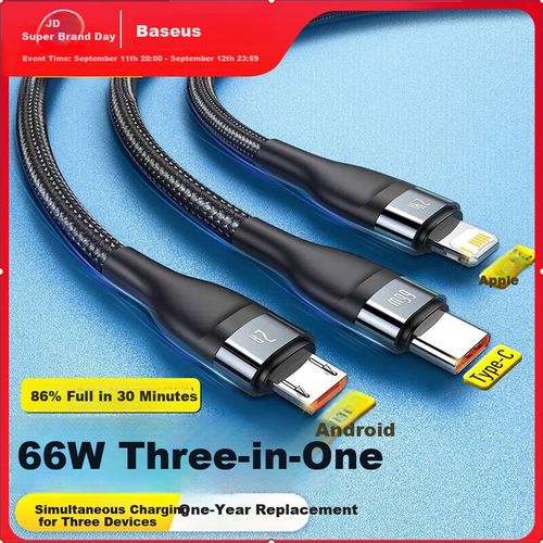 Cable Baseus 3 en 1 USB a Micro iPhone Tipo-C Negro