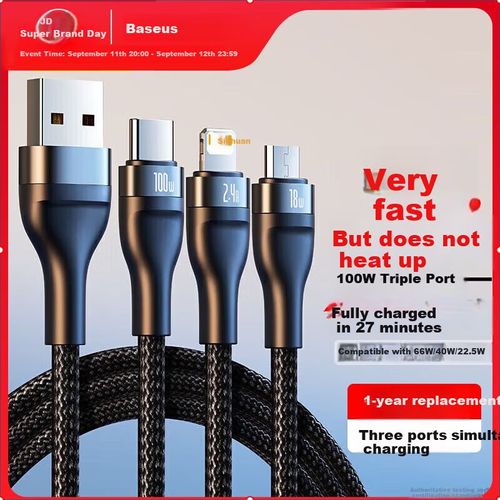 Cable Baseus Tres en Uno Tipo C Android Apple Negro