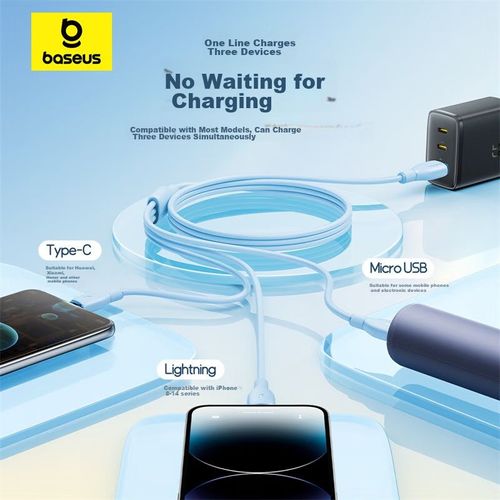 Cable Baseus USB-A a Tipo-C Lightning MicroUSB Azul