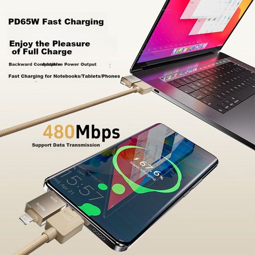 Cable Beemo PD65W USB-A/Type-C a Type-C/Lightning Dorado