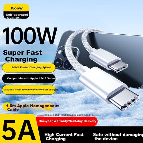 Cable KOVOL 100W Tipo C a Tipo C Negro 1.5m