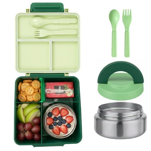 Lonchera para niño tipo Omie, hermética, anti fugaz + tarro + cubiertos I BPA Free (Verde)