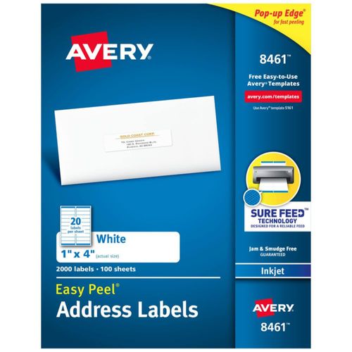 Etiquetas de dirección Avery Easy Peel Sure Feed de 1 x 4 pulgadas 2000 blancas