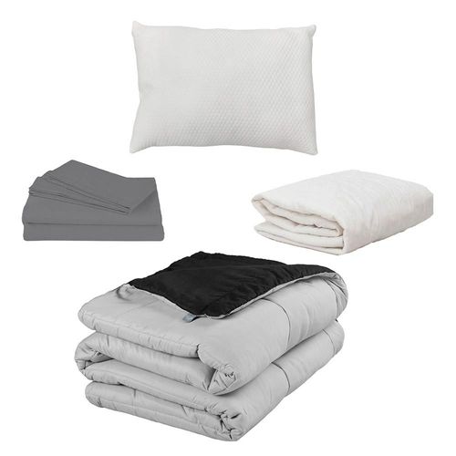 Edredon dos vistas Rogga Individual Negro-Gris+ Protector Ultra+ Sabanas Basic Gris+ Almohada Frosty RGH