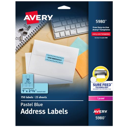 Etiquetas de dirección Avery Sure Feed 1 x 26 cm color azul pastel 750