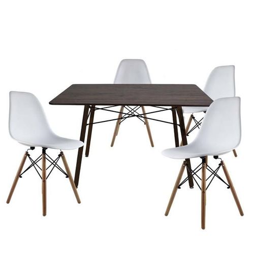 Comedor Rectangular Nogal con 4 Sillas Blancas Estilo Moderno