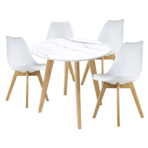 Comedor Circular 80 cm Tipo Mármol Blanco con 4 Sillas Blancas
