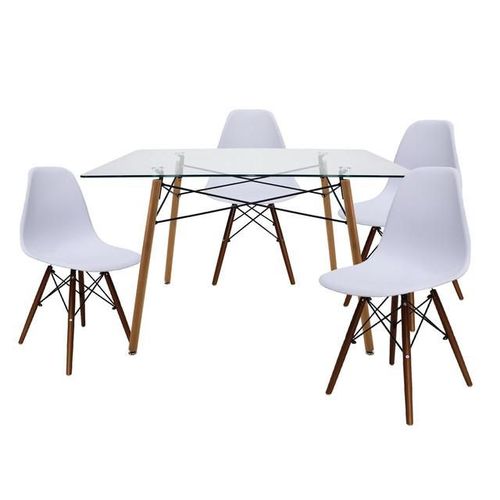 Comedor Rectangular Cristal con Patas Nogal y 4 Sillas Blancas/Nogal