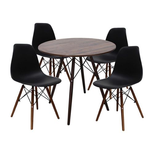 Comedor Circular Nogal con 4 Sillas Nogal/Negras Contemporáneo