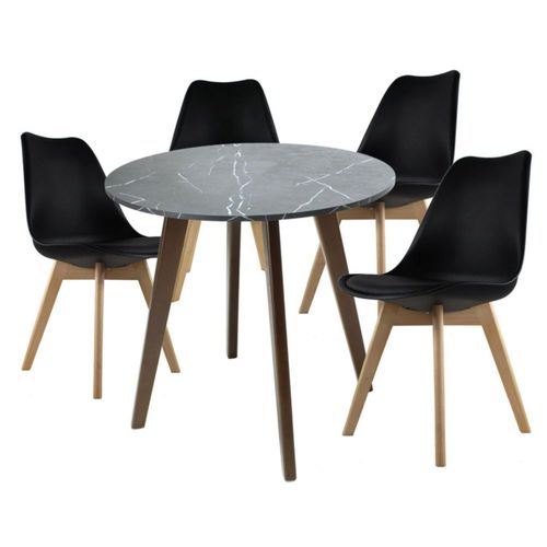 Comedor Circular Tipo Mármol Negro con 4 Sillas Negras Contemporáneo