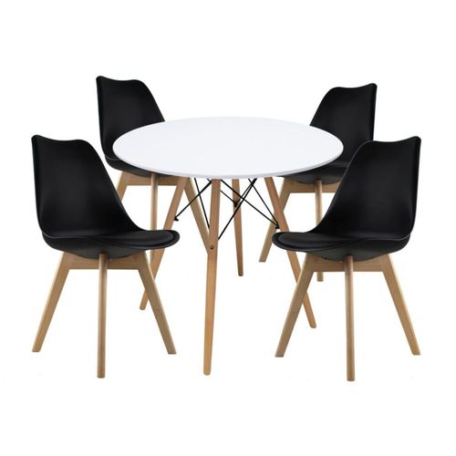 Comedor Circular Blanco con 4 Sillas Frankfurt Negras Minimalista