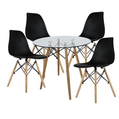 Comedor Redondo 80 cm con 4 Sillas Negras Estilo Moderno