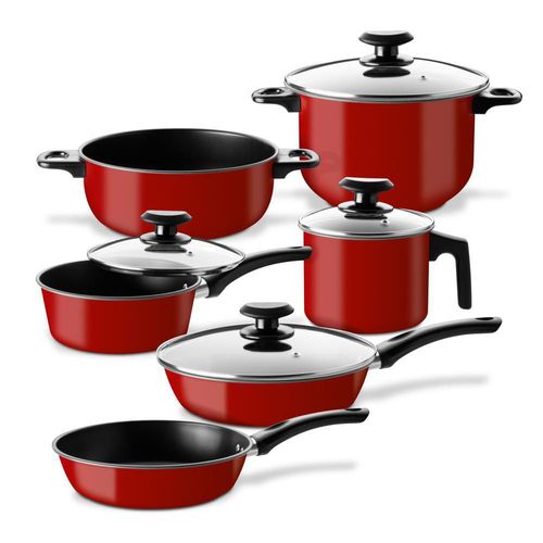 Set de ollas, sartenes y hervidor de acero de carbono rojo