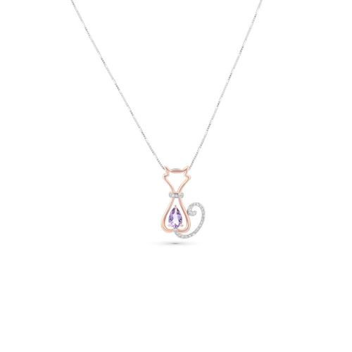 Dije De Gatito Oro Rosa 14K Con Cadena Con 8Pts De Diamante Y Amatista