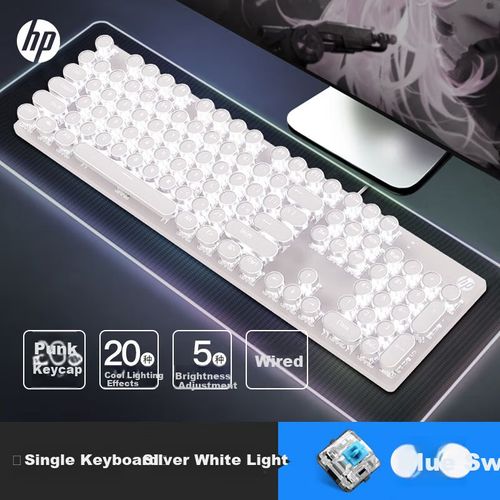 Teclado Mecánico HP GK400Y Blanco Plateado Cable Azul 104 Teclas