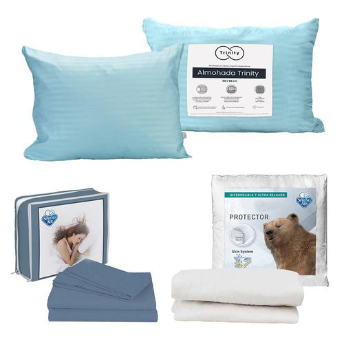 Protector Ultra Sring Air Queen Size+ Sabanas Basic Azul+ Almohada Trinity 2 CDZ
