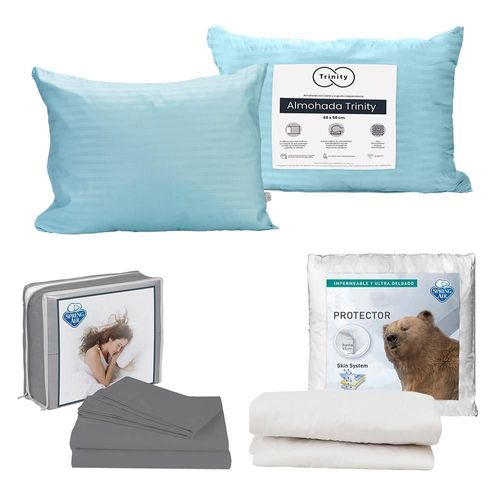 Protector Ultra Sring Air Queen Size+ Sabanas Basic Gris+ Almohada Trinity 2 CDZ