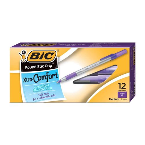 Bolígrafo BIC Round Stic Grip Xtra Comfort color morado paquete de 12